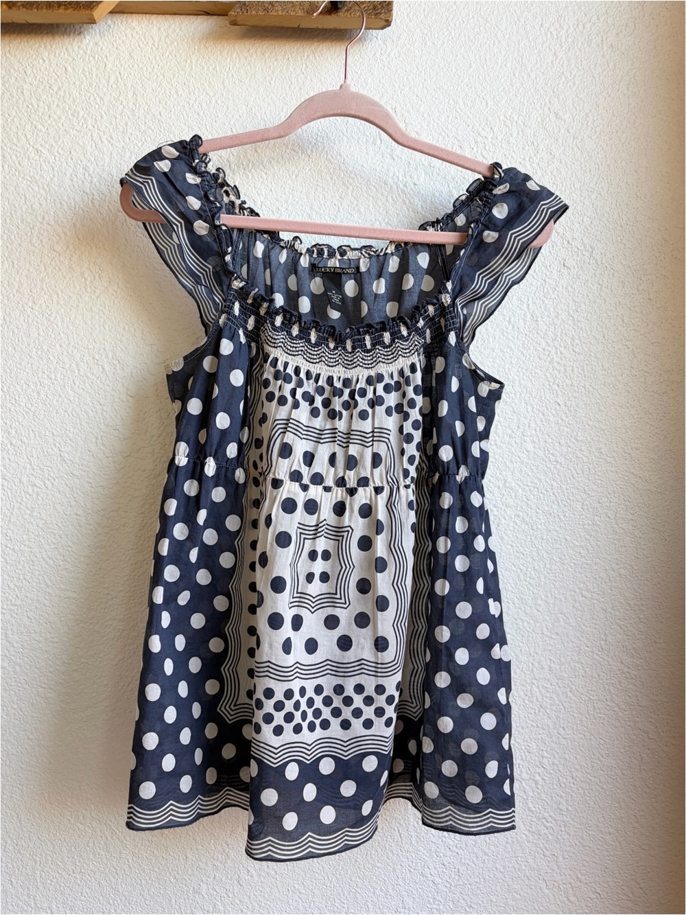 Y2K Navy Cotton Polka Dot Babydoll Blouse Medium